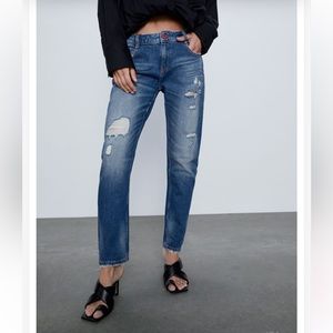 NWT ZARA relaxed fit slim leg distressed destroyed ripped boyfriend ankle Jeans